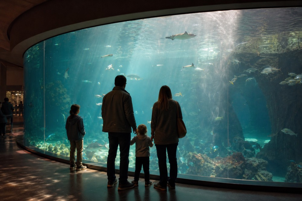 A family watching fish through a large curved tank window, no text, no logos, no people