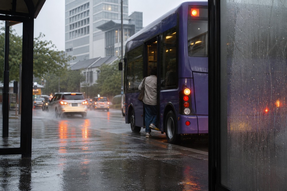 Purple GoKL city bus at a stop in central Kuala Lumpur, no text, no logos, no people