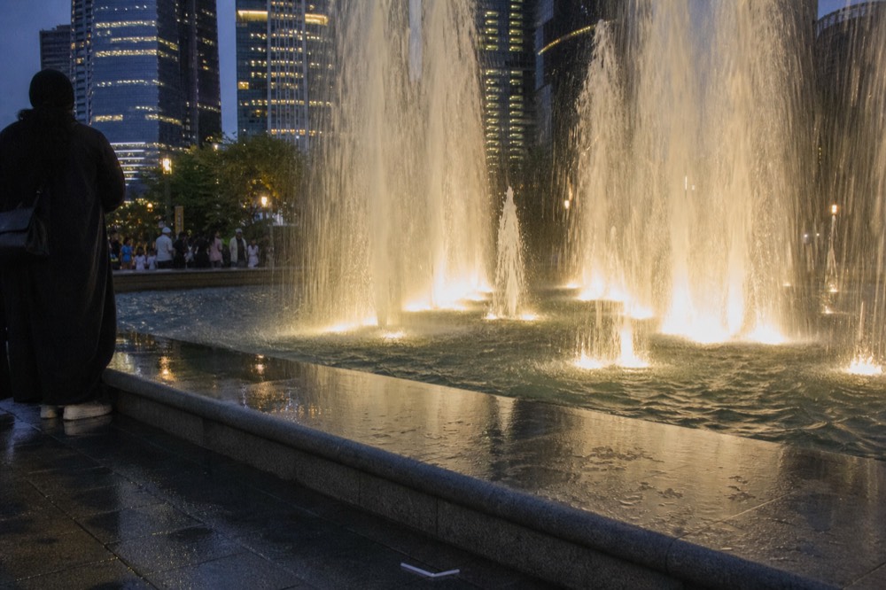Fountains spraying lit water in front of the illuminated Petronas Twin Towers at night, no text, no logos, no people